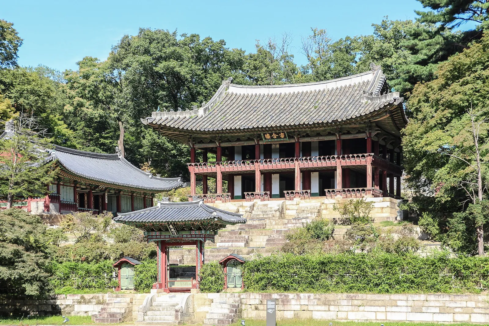 昌徳宮の後苑、緑の木々に囲まれた宙合楼と池